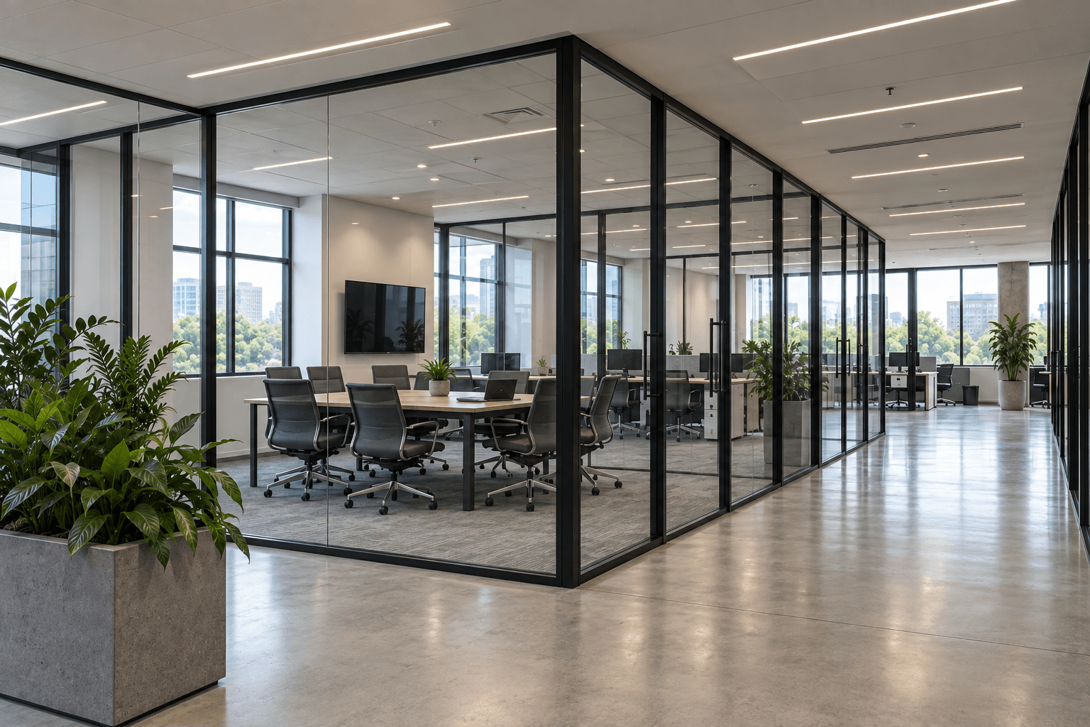 Commercial office build-out with linear ceiling lighting and workstation power, Orlando, Florida